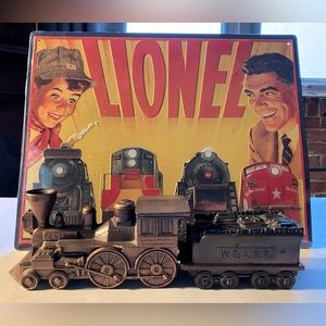 Vintage train bank and collectible sign